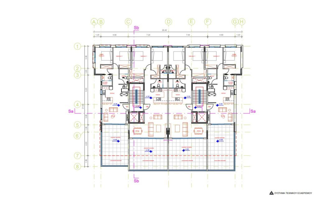 1st floor plan for luxury 1-2 bed apartments for sale in Kissonerga, Paphos, Cyprus. 2km from the beach